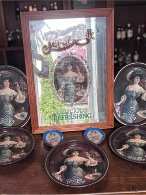 Vintage-Style Decorative Mirror and Tray Set - Brown Frame, Multi